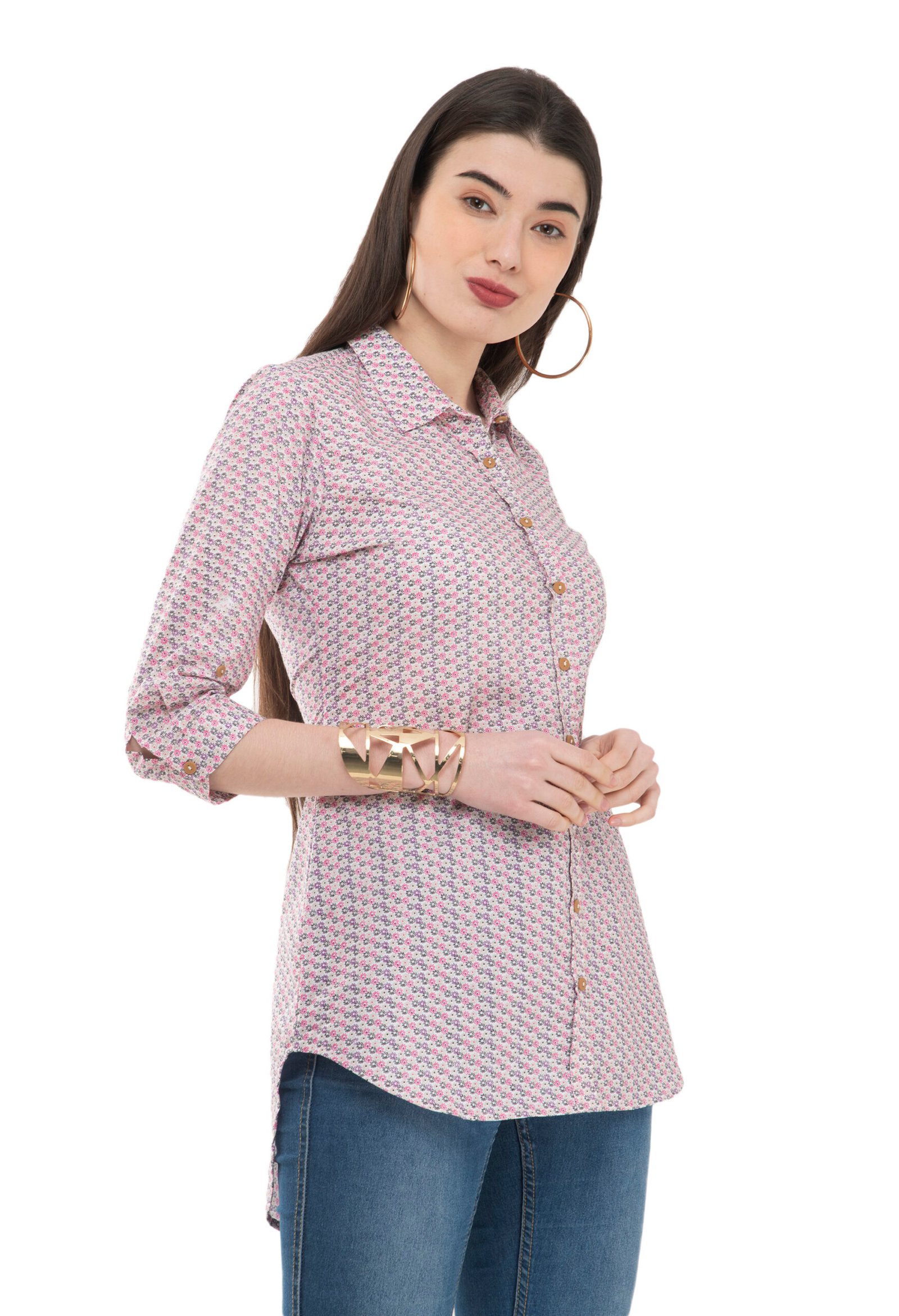 Off White Pure Cotton Printed Stylish Ladies Shirt - Image 3