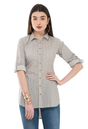 Off White Cotton Printed Stylish  Ladies Shirt