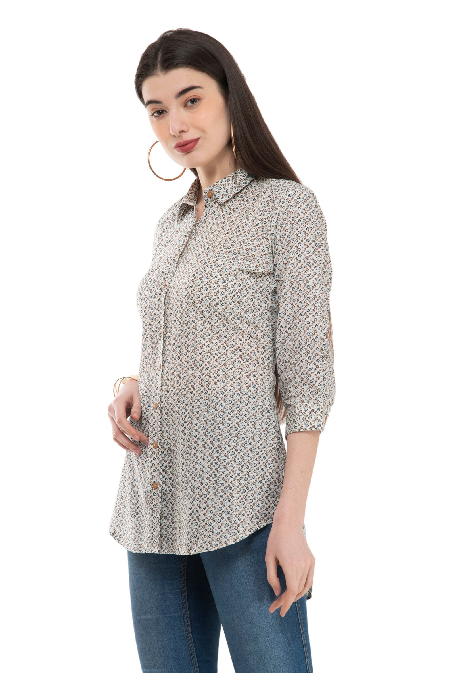 Off White Cotton Printed Stylish Ladies Shirt - Image 4