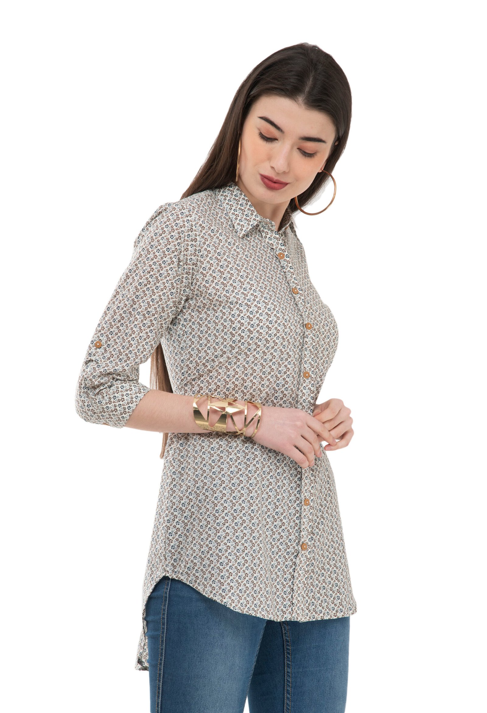 Off White Cotton Printed Stylish Ladies Shirt - Image 3