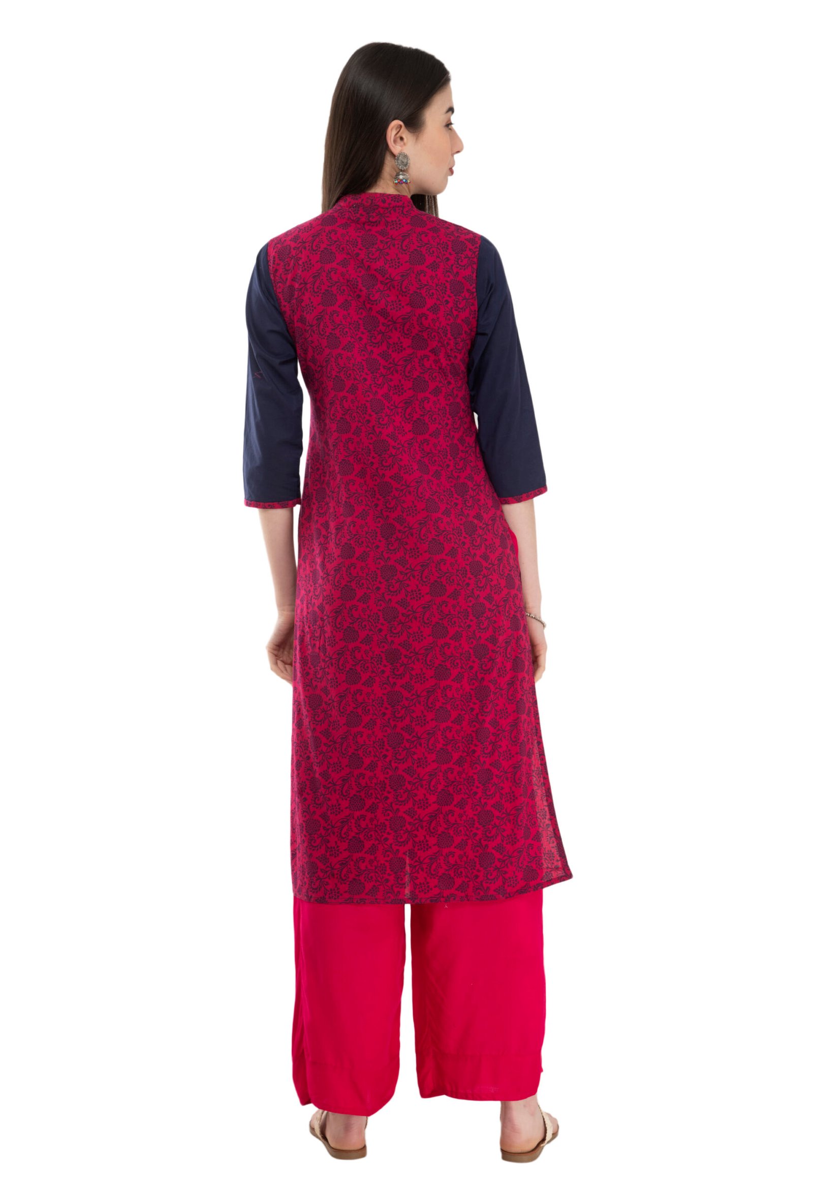 Pink- Blue Cotton Solid-Printed Stylish Straight Ladies Kurta, Kurti - Image 5