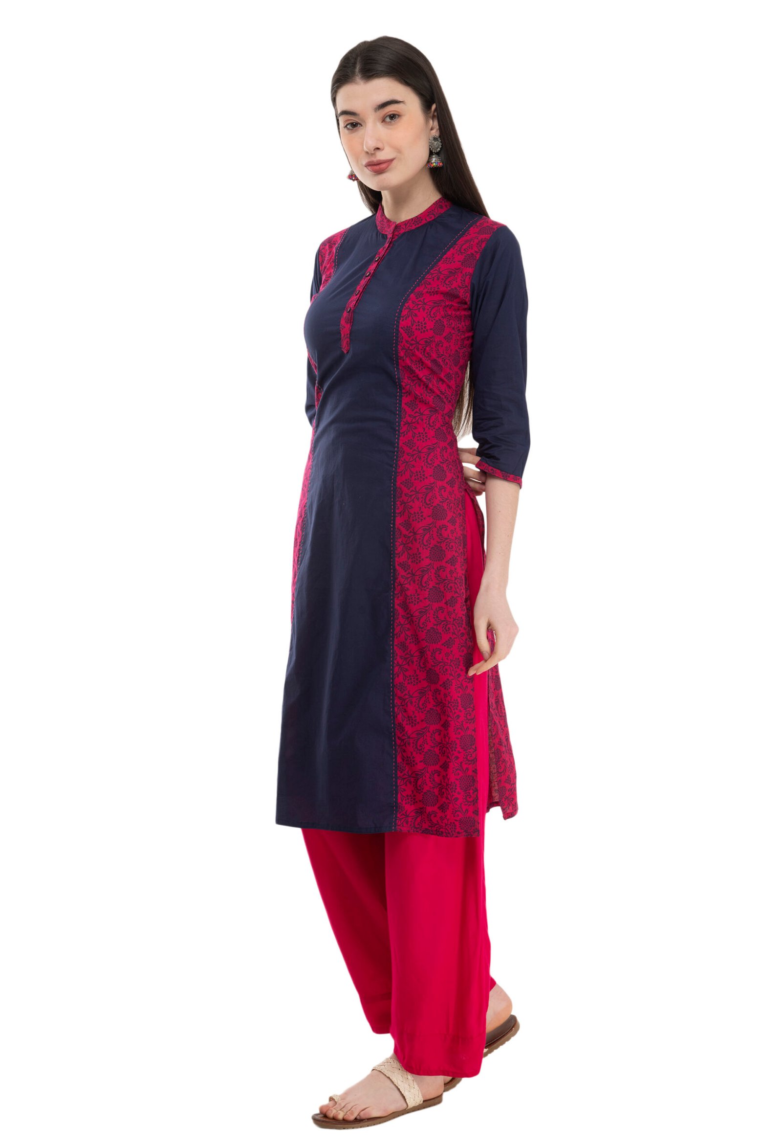 Pink- Blue Cotton Solid-Printed Stylish Straight Ladies Kurta, Kurti - Image 4