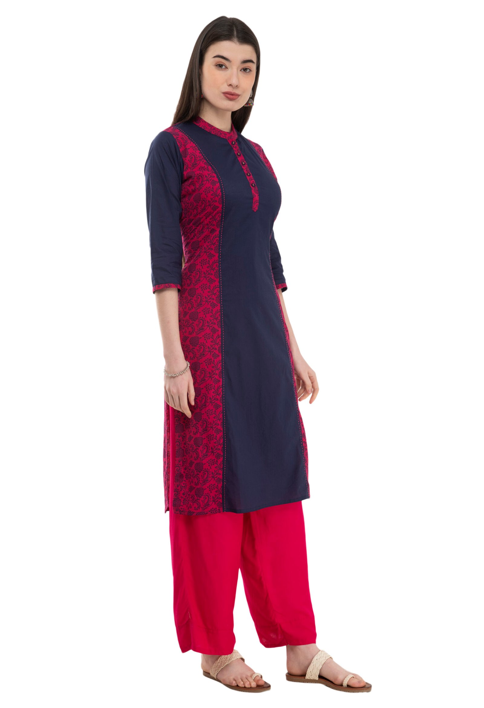 Pink- Blue Cotton Solid-Printed Stylish Straight Ladies Kurta, Kurti - Image 3