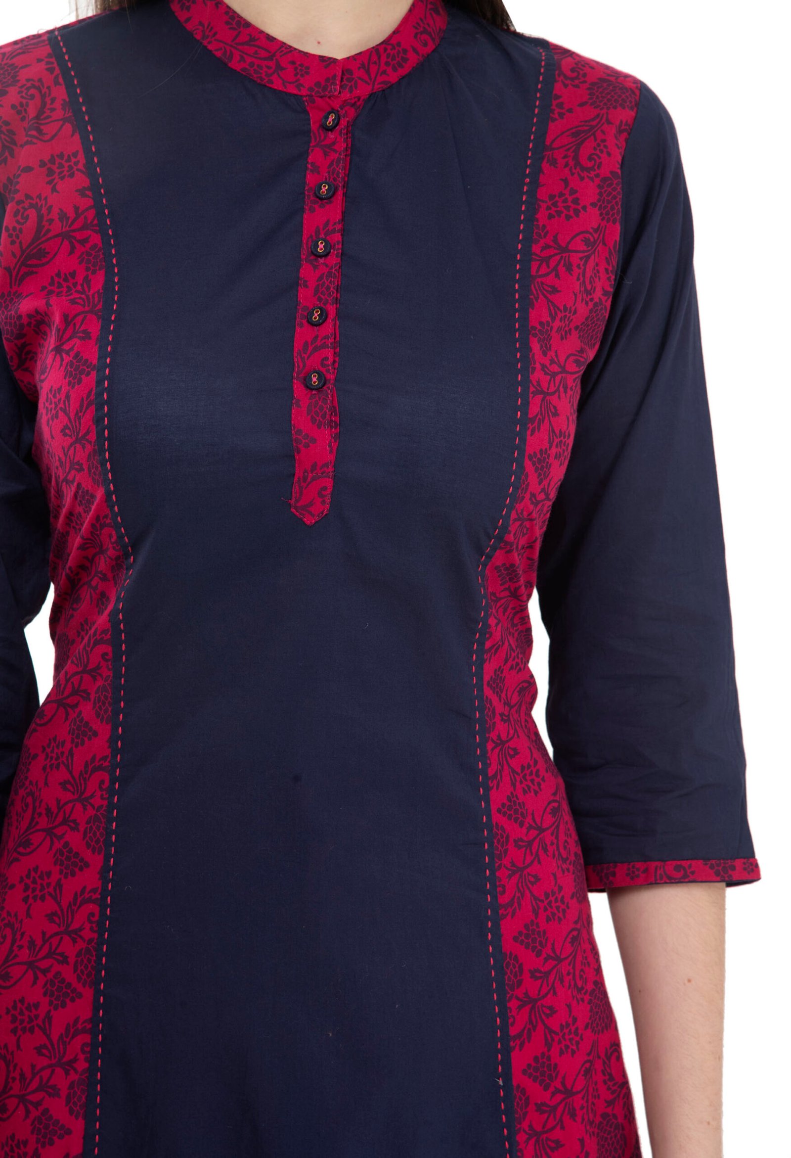 Pink- Blue Cotton Solid-Printed Stylish Straight Ladies Kurta, Kurti - Image 2