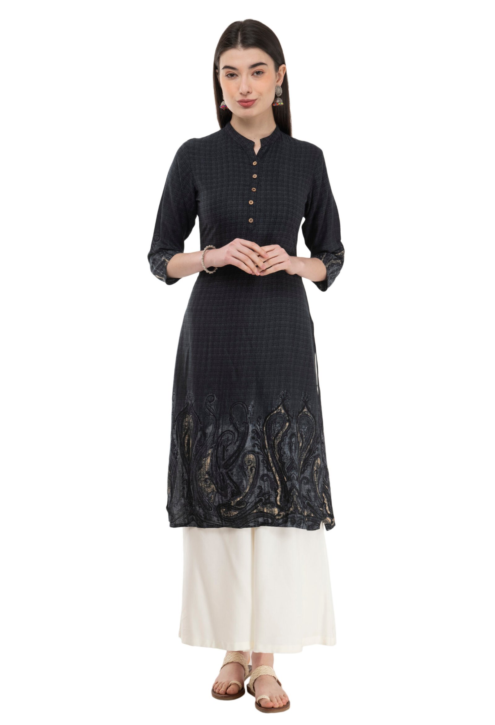 Black Rayon Printed Stylish Straight Ladies Kurta, Kurti