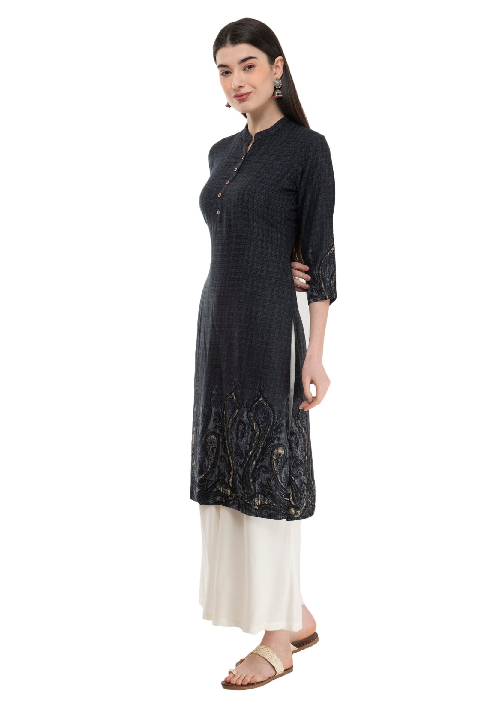 Black Rayon Printed Stylish Straight Ladies Kurta, Kurti - Image 3