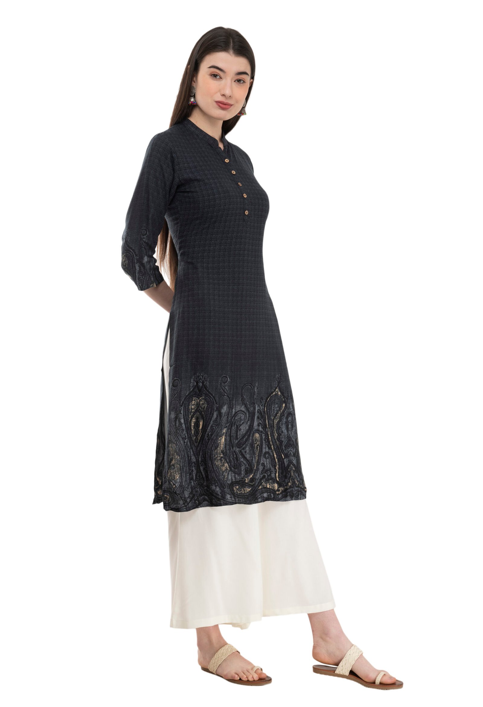 Black Rayon Printed Stylish Straight Ladies Kurta, Kurti - Image 4