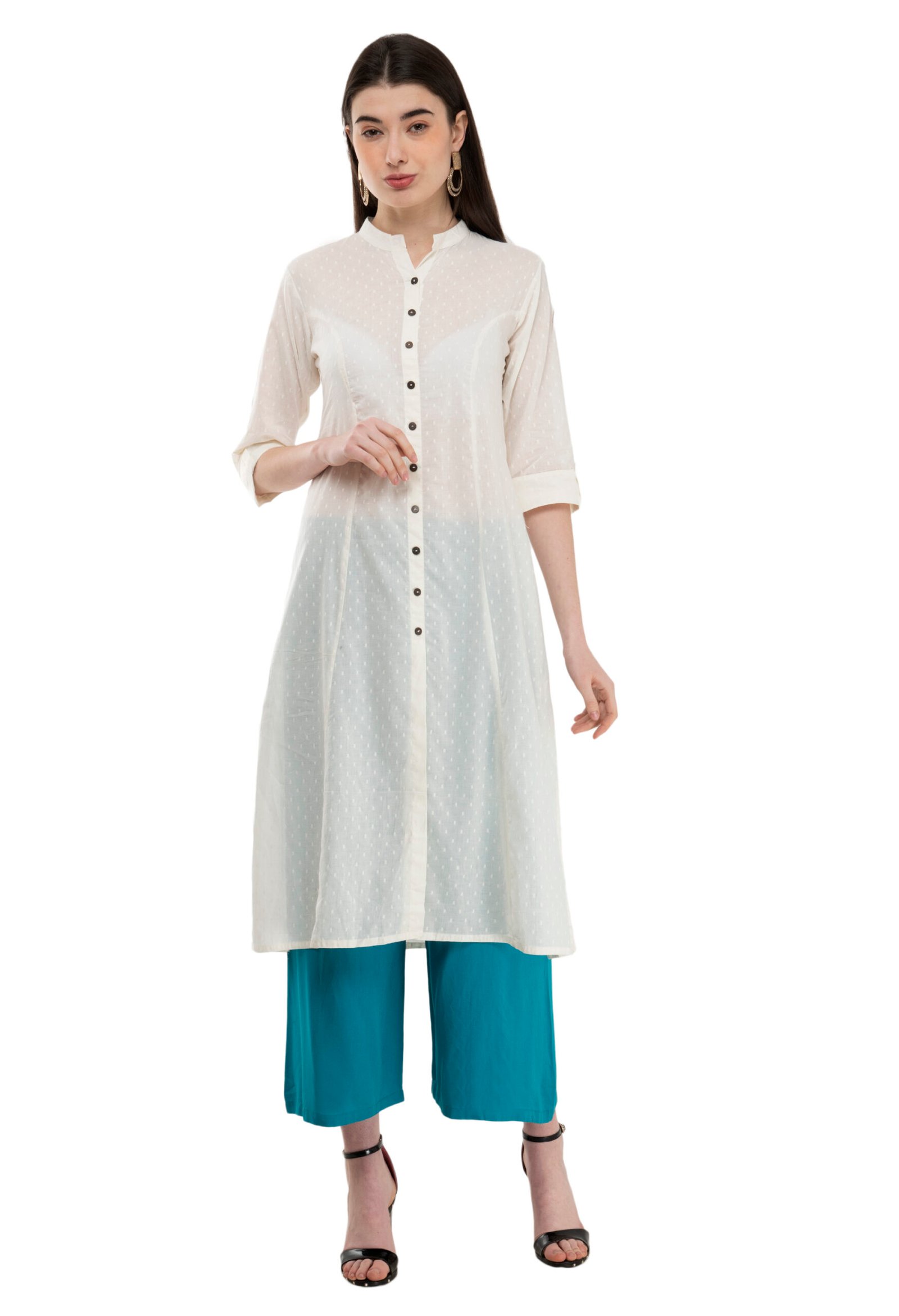 Off White Cotton Jaquard Stylish Straight Kurta, Kurti for Women