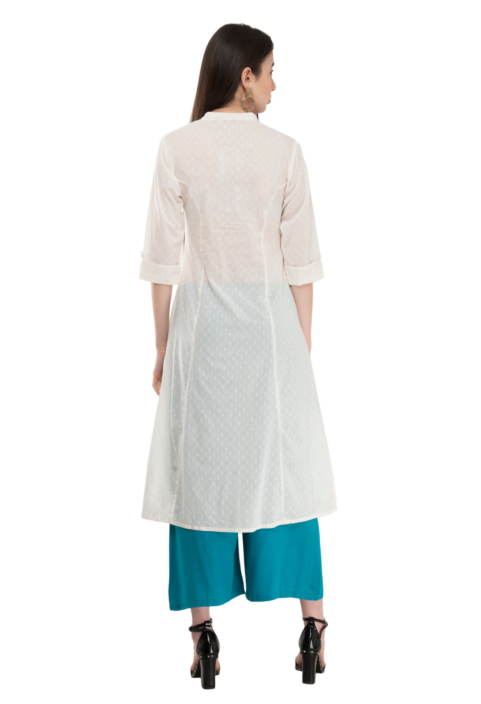 Off White Cotton Jaquard Stylish Straight Kurta, Kurti for Women - Image 5