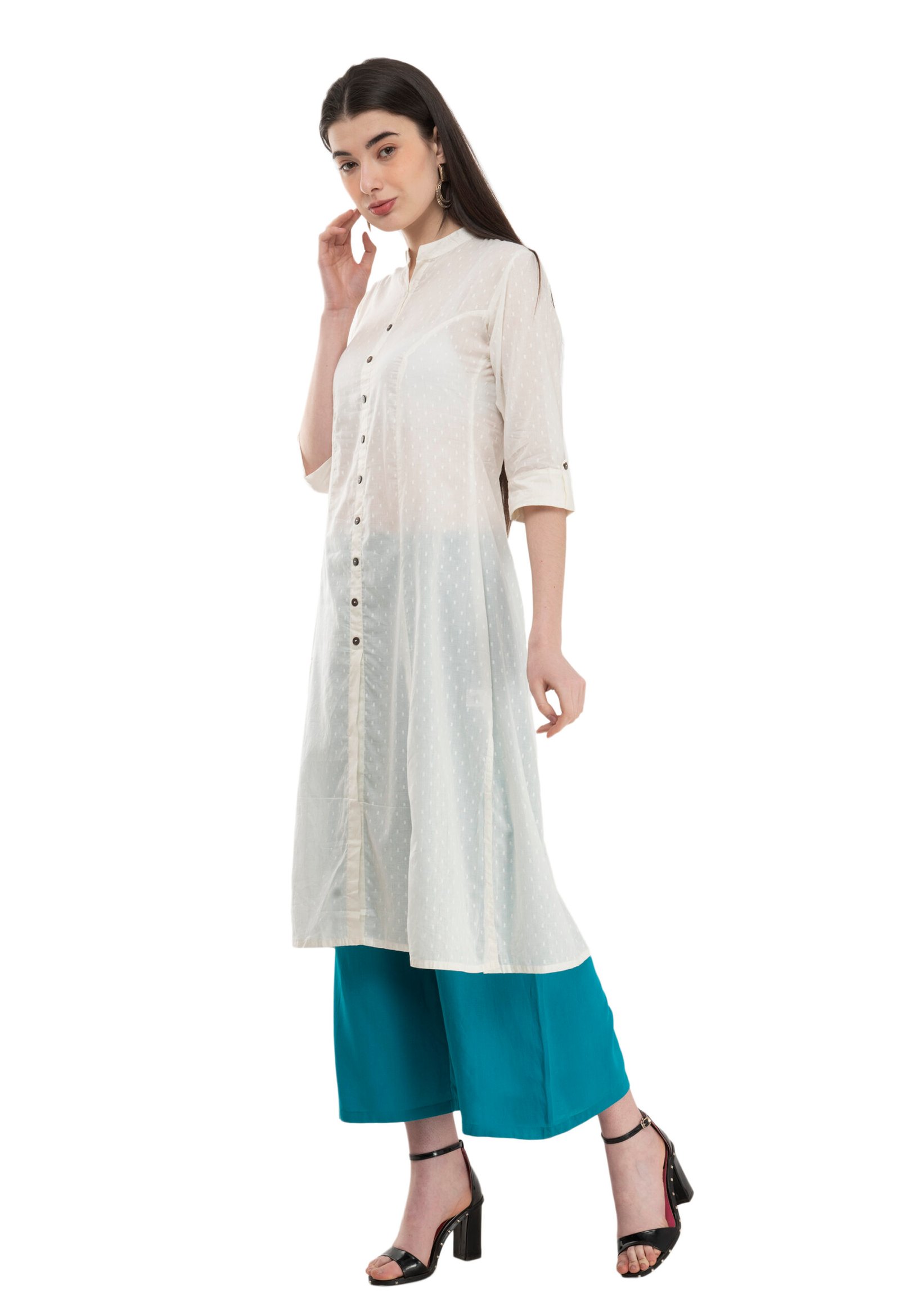 Off White Cotton Jaquard Stylish Straight Kurta, Kurti for Women - Image 4