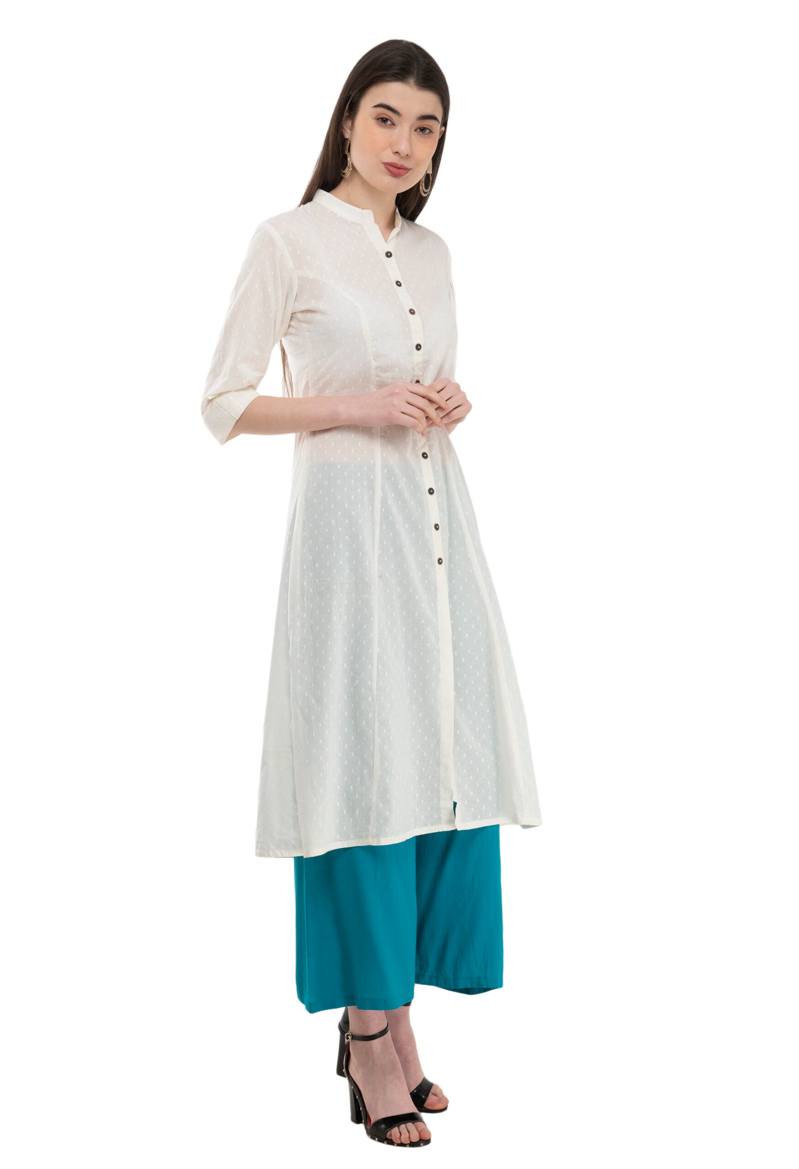 Off White Cotton Jaquard Stylish Straight Kurta, Kurti for Women - Image 3