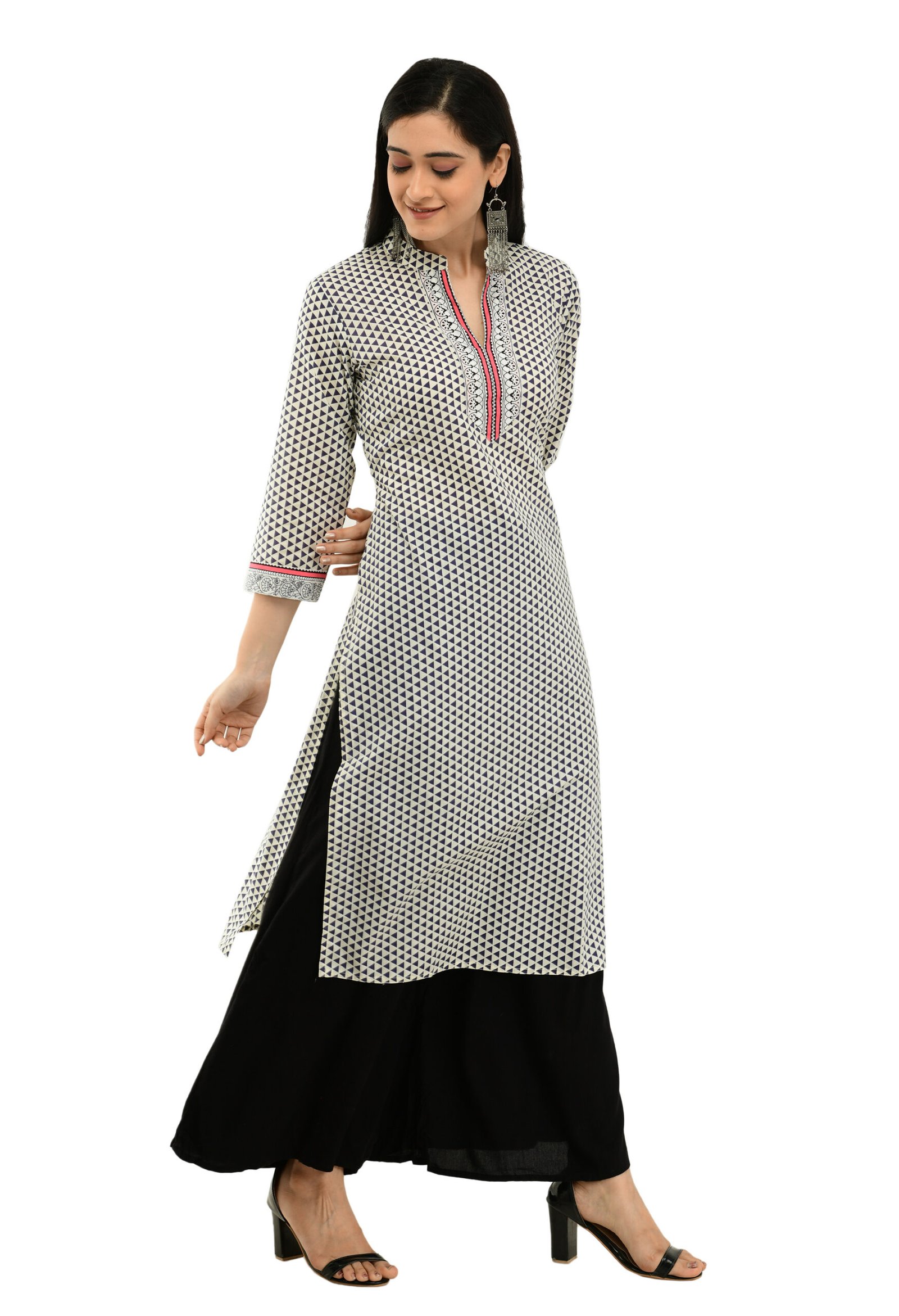 Off White Cotton Printed Stylish Straight Ladies Kurta, Kurti - Image 3