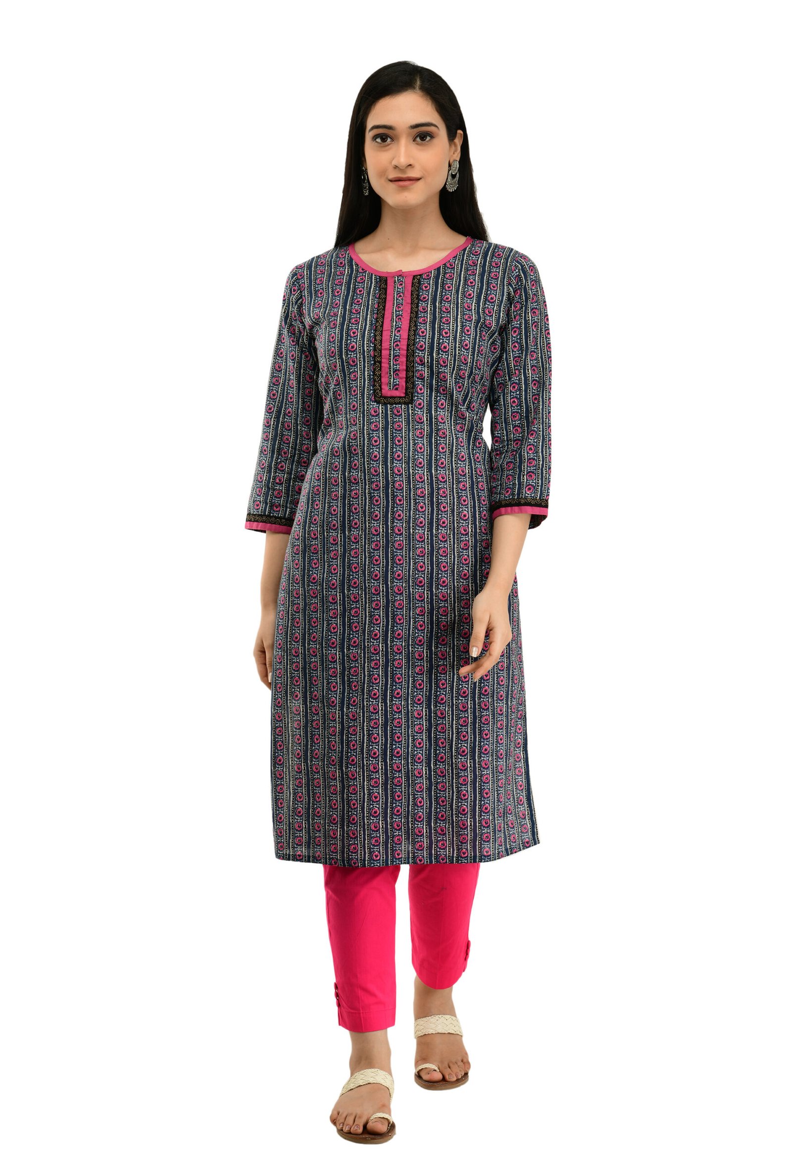 Blue 100% Cotton Printed Stylish Straight Kurta, Kurti for Women