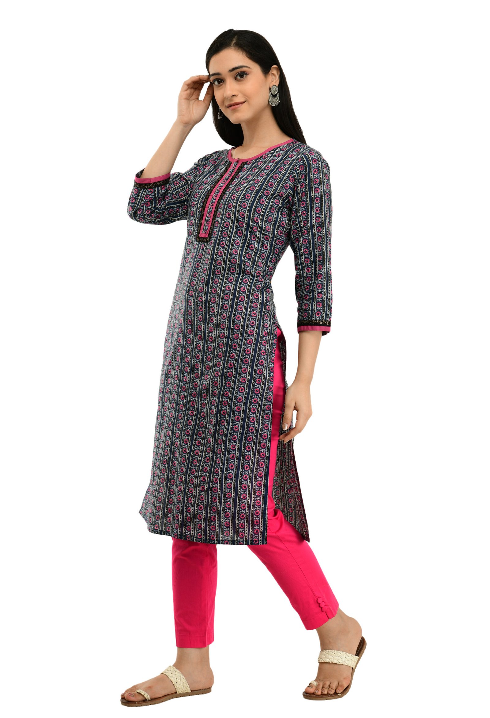 Blue 100% Cotton Printed Stylish Straight Kurta, Kurti for Women - Image 2