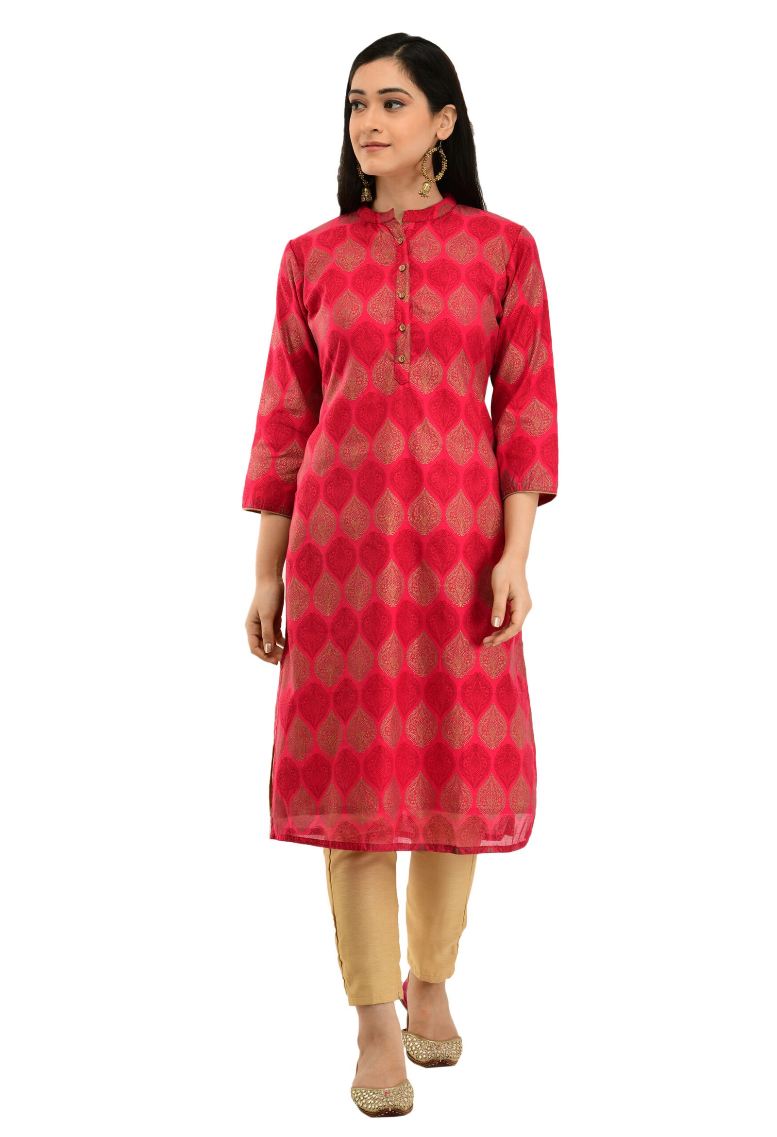 Pink Chanderi Printed Stylish A-Line Ladies Kurta, Kurti