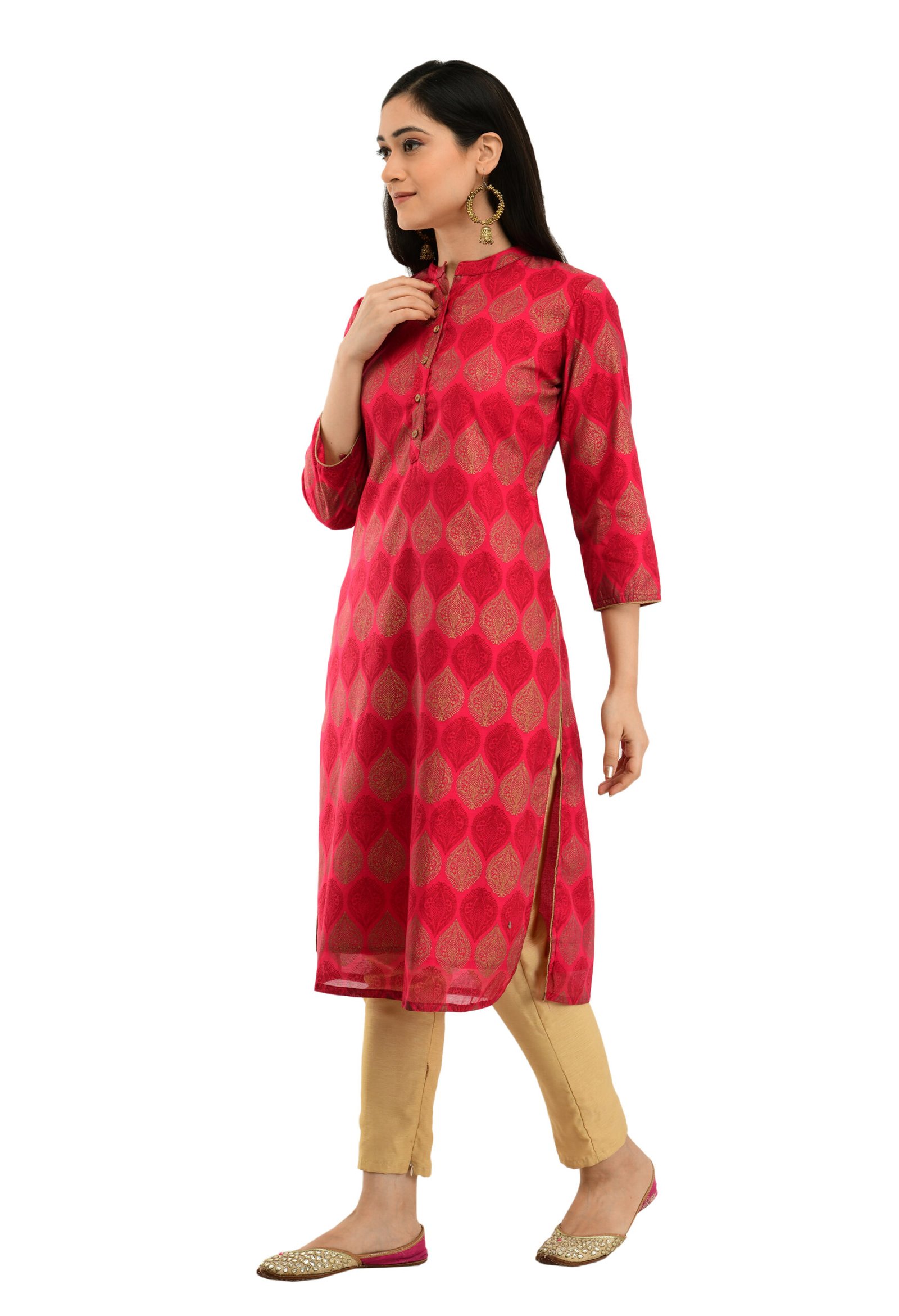 Pink Chanderi Printed Stylish A-Line Ladies Kurta, Kurti - Image 2