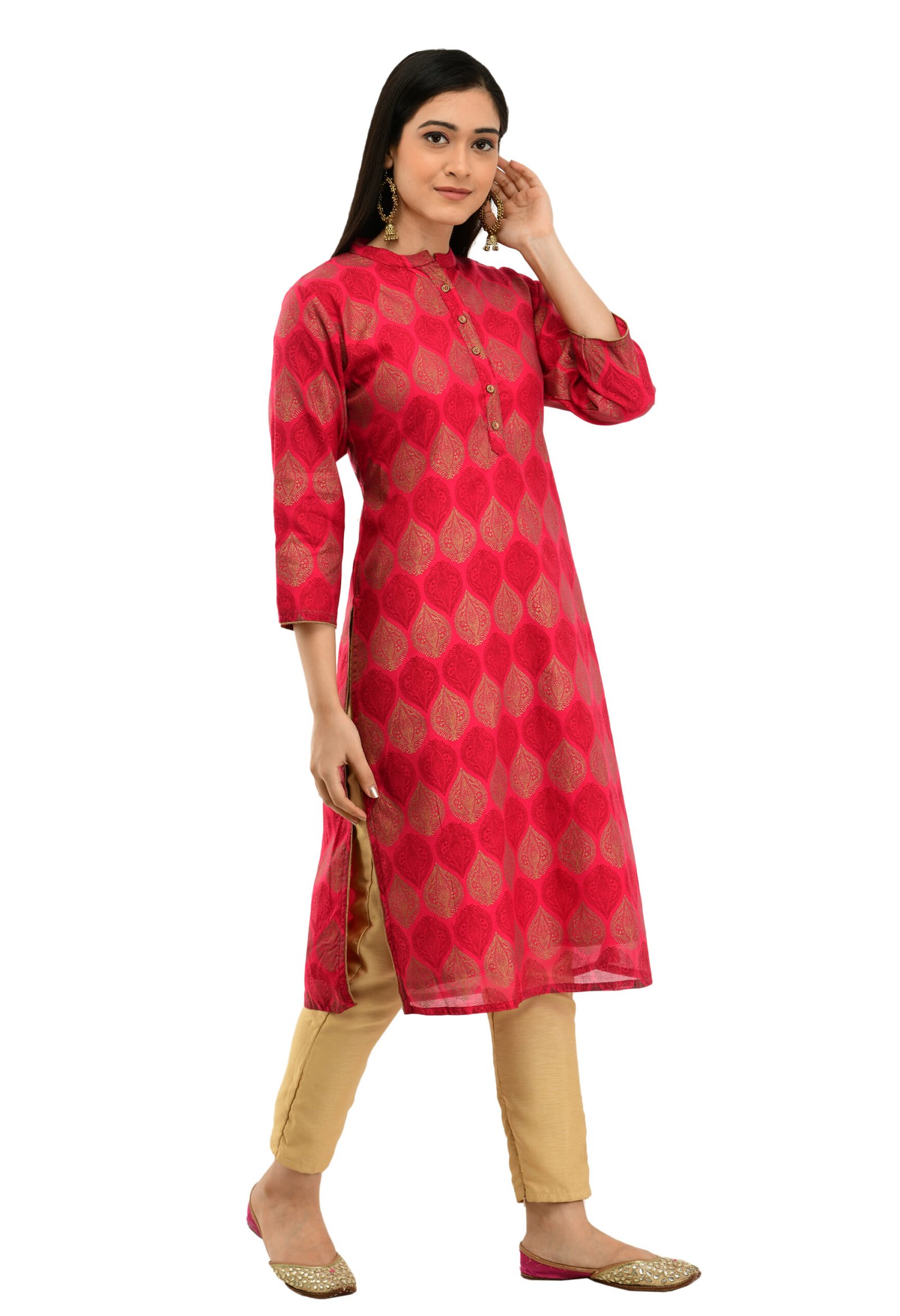 Pink Chanderi Printed Stylish A-Line Ladies Kurta, Kurti - Image 3