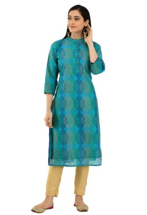 Teal Green Chanderi Printed Stylish  A-Line Ladies Kurta, Kurti