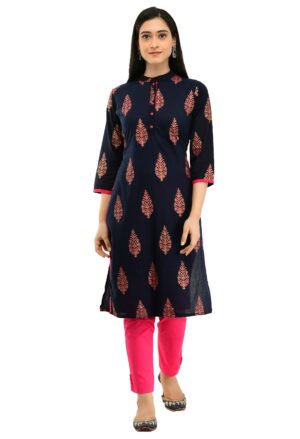 Navy Cotton Printed Stylish  Straight Kurta, Kurti for Women