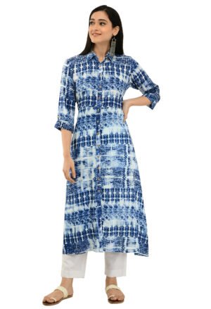 Off White Rayon Printed Front Open A-Line Kurta for Women