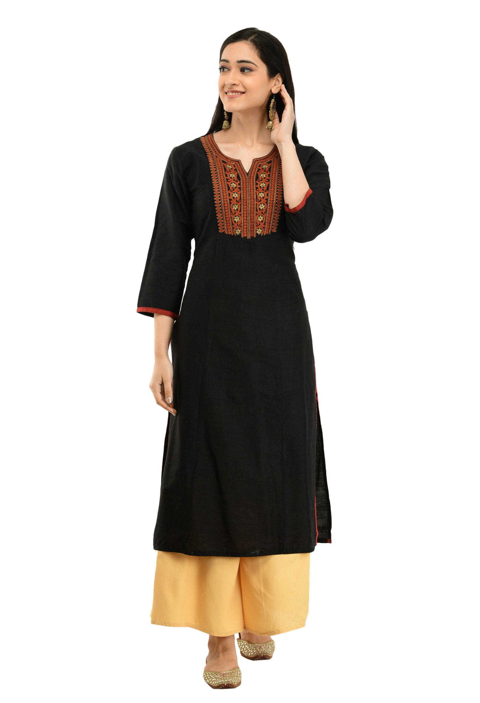 Black Poly Blanded Embroidred Stylish Straight Kurta